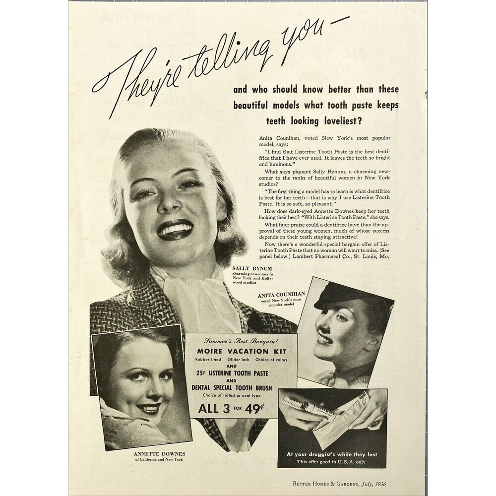 Listerine Tooth Paste "Beautiful Models Know What Tooth Paste Works" Vtg Ad 1936